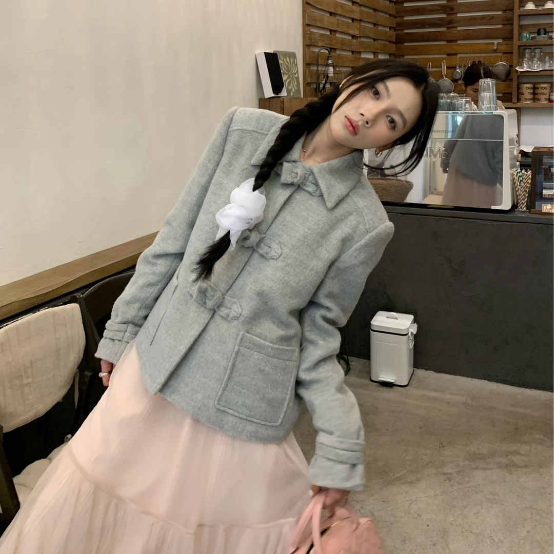 清清款/70不是七十【 陨石百利甜】秋冬梭织顺毛呢子手工牛角扣短款