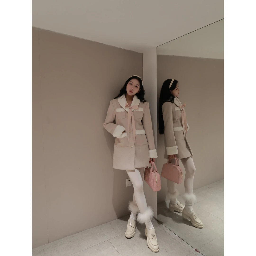 70不是七十【克莱德小镇】秋冬反季呢子拼毛毛翻驳领韩系长款外套