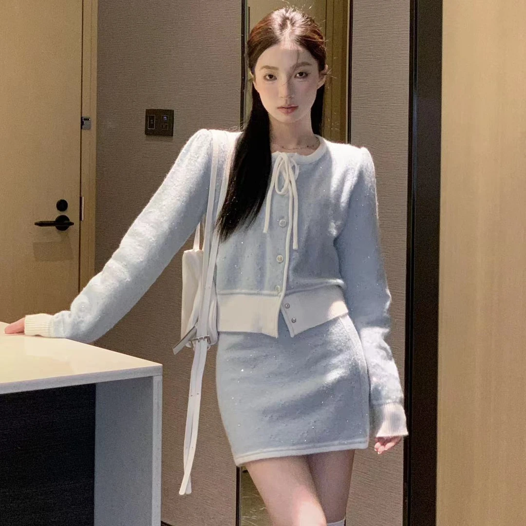 70不是七十【浅川风铃】春秋千金韩系毛织撞色亮片显瘦小开衫A字裙