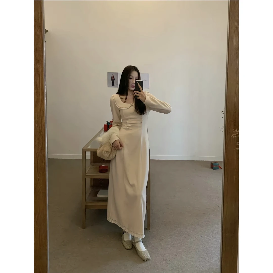 清清款/70不是七十【韩女日常】秋冬韩系百搭翻领花边双色长袖长款