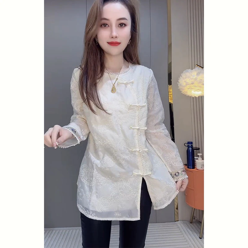 新中式国风盘扣长袖蕾丝衬衫2024冬季新款中长款洋气百搭上衣