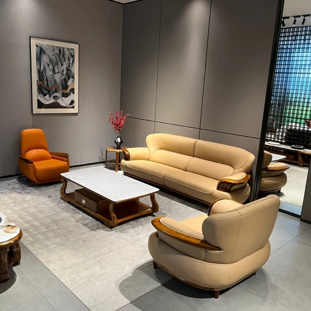 现代简约乌金木厚皮真皮沙发新中式实木大小户型欧式客厅组合