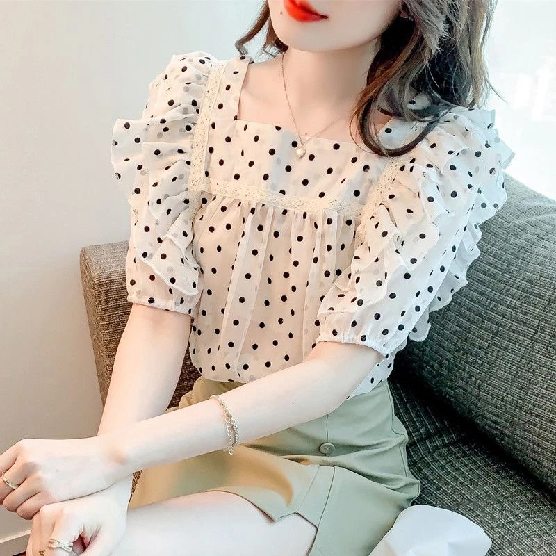 夏天小清新时尚荷叶边纯欲风简约新款气质淑女设计感百搭小衫波点
