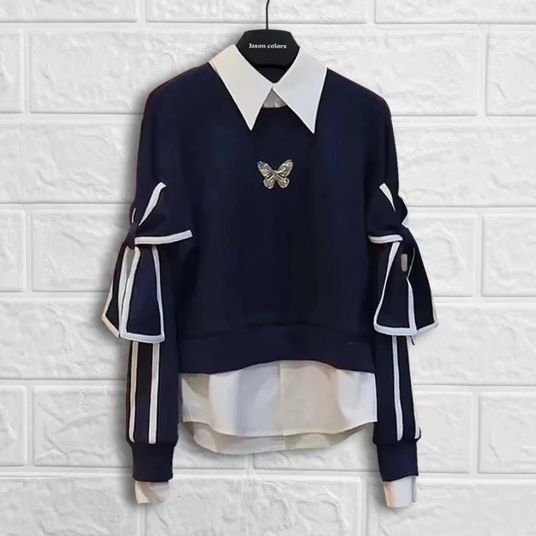 轻奢2025设计感假两件蝴蝶袖卫衣撞色显瘦气质百搭长袖套头上衣女