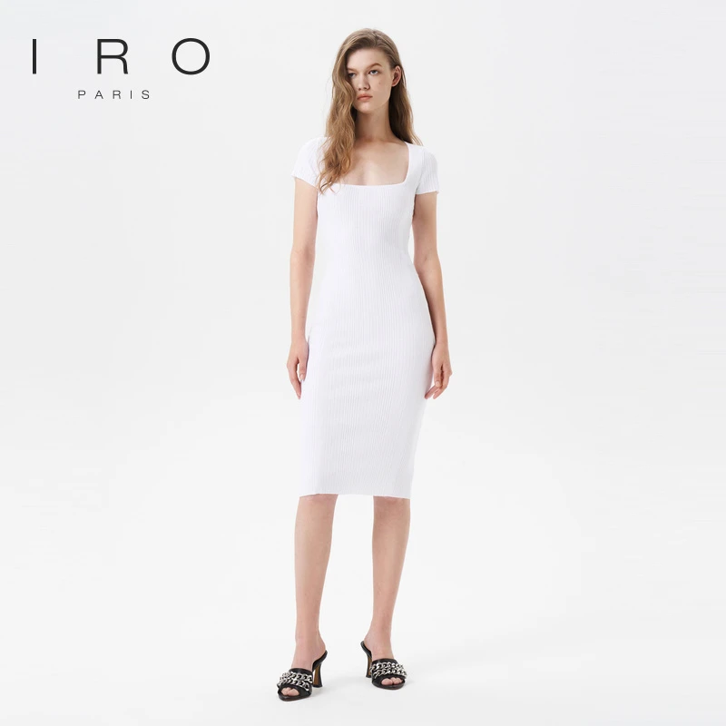 IRO Night 夏季款女修身方领针织短袖纯色连衣裙