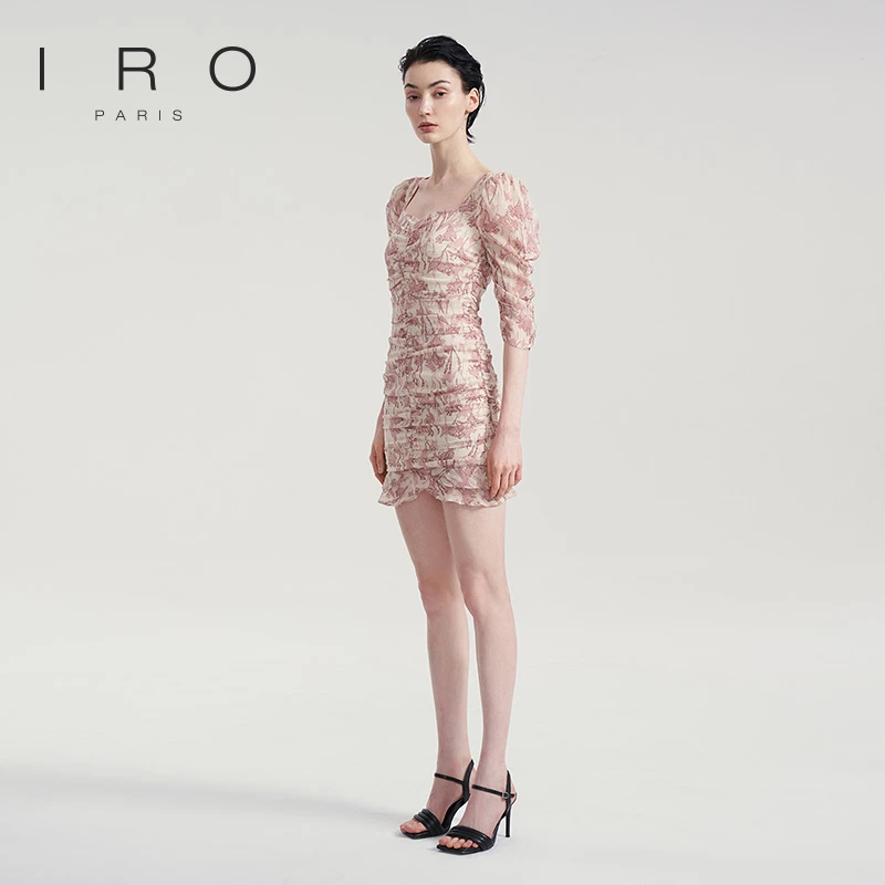 IRO Night【钟楚曦同款】夏季款碎花捏褶修身方领粉法式连衣裙