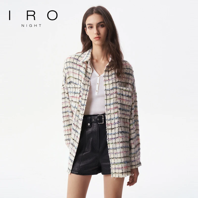 IRO Night 新款春秋款法式轻奢衬衫式彩色条纹格纹宽松外套