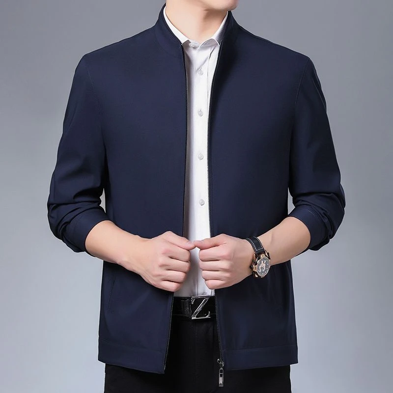 春秋季商务休闲立领夹克中老年爸爸装免烫宽松男士中年薄款