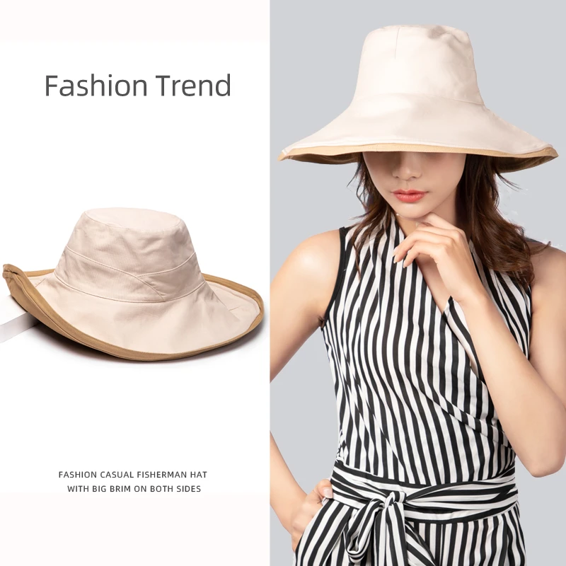 渔夫帽女夏遮阳帽子早春秋韩版百搭大沿太阳帽防晒遮脸双面大帽檐