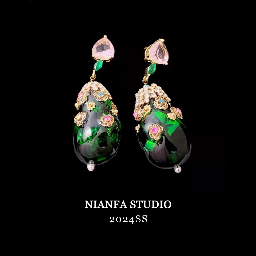 铜合金耳饰 【森之精灵】轻奢复古宫廷风绿琉璃耳环高级感气质耳坠
