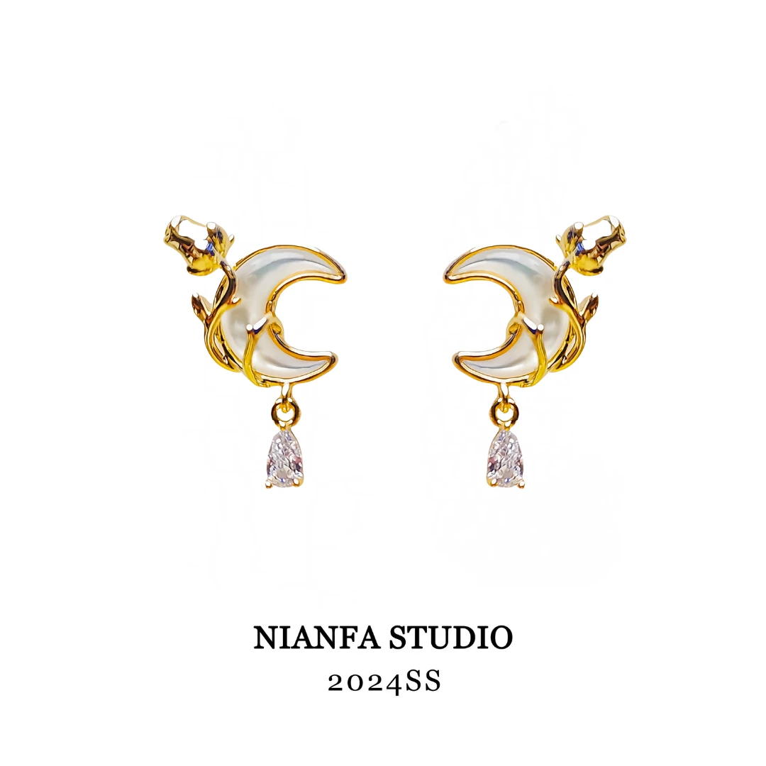 铜合金耳饰 【花前月下】藤蔓玫瑰月亮小众设计简约镶嵌气质百搭