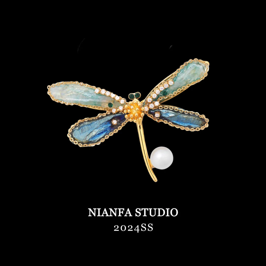 【蓝色蜻蜓胸针】轻奢高档锆石微手工淡水珍珠蜻蜓胸针大衣旗袍