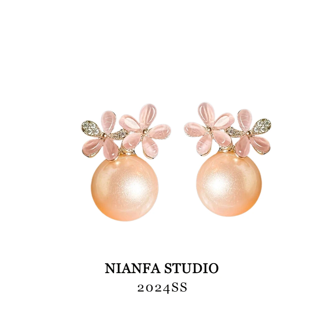 铜合金耳饰 【露从】贝珠轻奢时尚耳饰 甜美小花法式小众贝珠耳饰