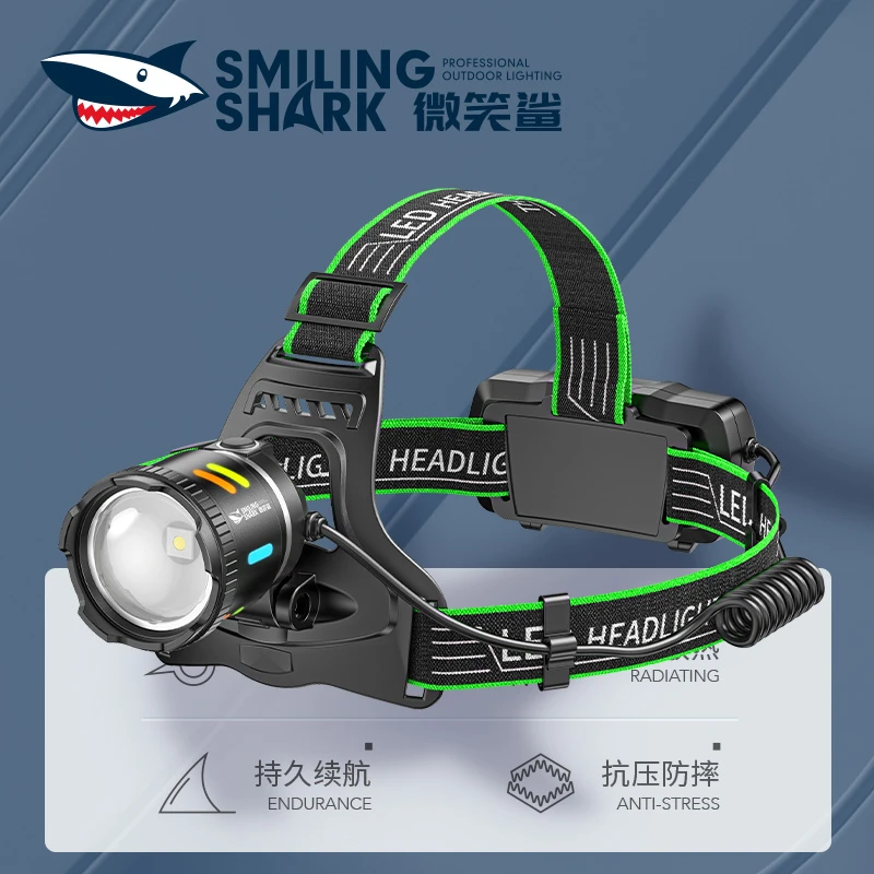 微笑鲨头灯超亮激光感应头戴式电筒强光充电超长续航锂电照明矿灯