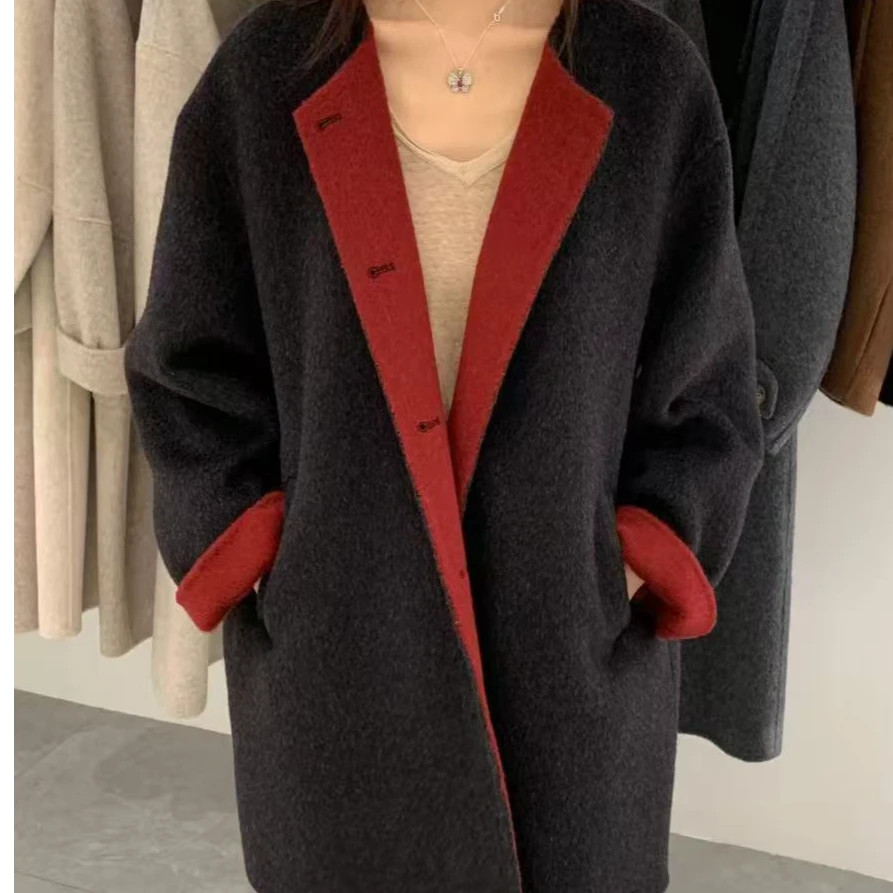 2025通勤简约圆领中长款羊毛呢子大衣气质百搭减龄时尚休闲外套