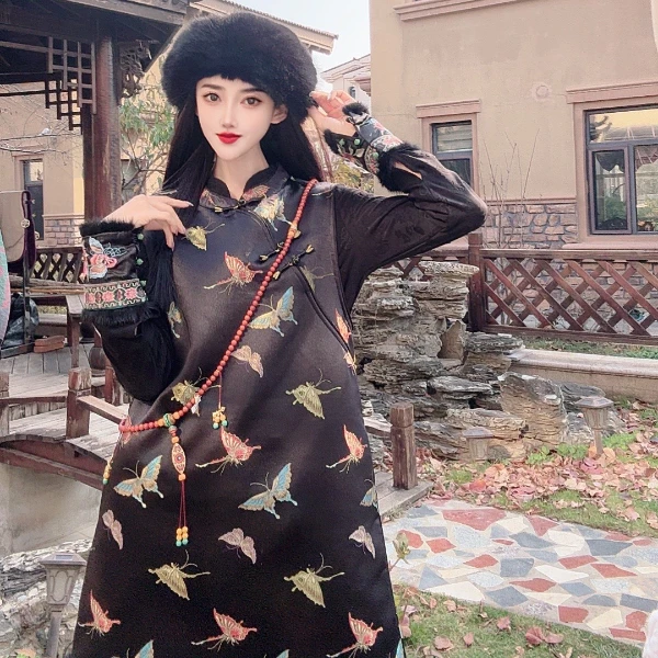 （知否.欢愉鸵鸟毛｝国风新中式显瘦百搭旗袍裙红人上新女装上衣裙