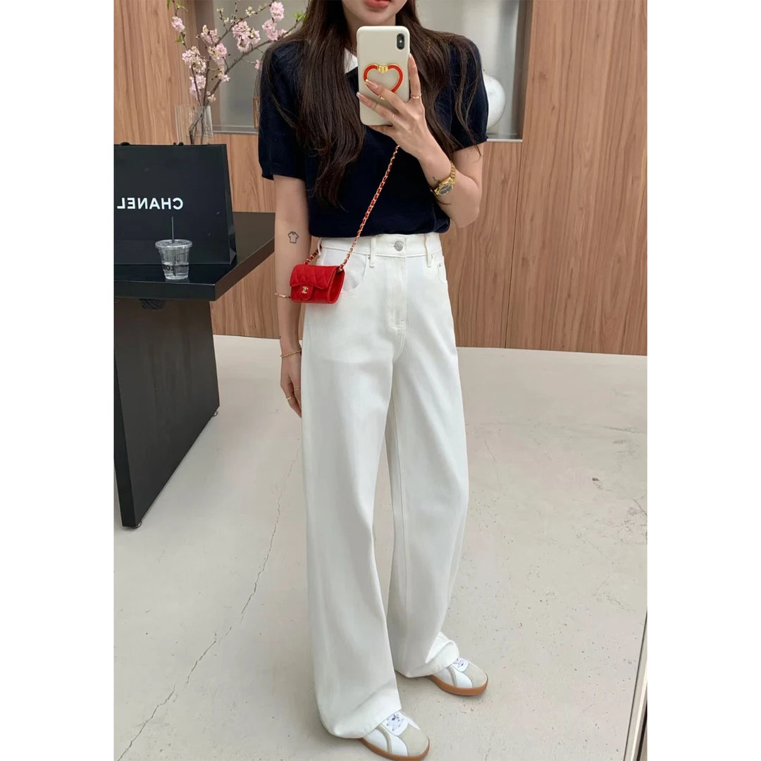 109 休闲裤显瘦白色高腰直筒  夏季宽松百搭时尚设计感白色直筒裤