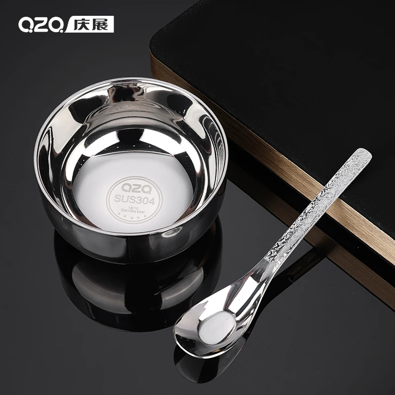 316L锤纹勺+304韩式碗套装双层隔热防烫韩式套装家用套装