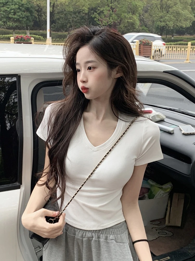 40支92棉8氨纶白色V领短袖T恤女夏季2025新款性感修身显瘦上衣潮