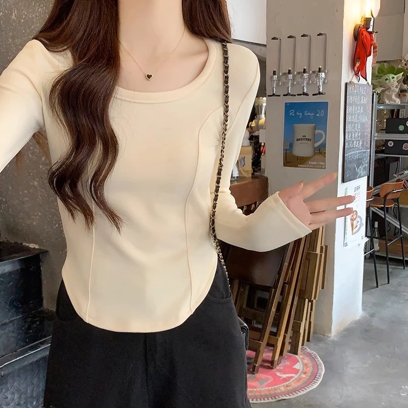 女装2024新款春秋季显瘦打底衫螺纹德绒正肩保暖圆弧下摆长袖t恤
