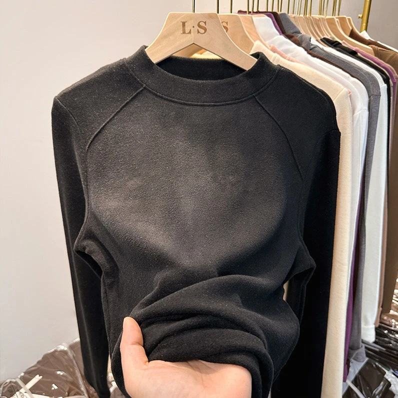 2024新款洋气双面绒内搭半高领加绒加厚打底衫女秋冬磨毛长袖上衣
