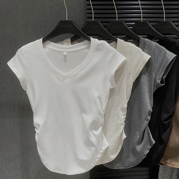 美式V领灰色正肩短袖女上衣夏设计感小众褶皱收腰修身辣妹t恤打底