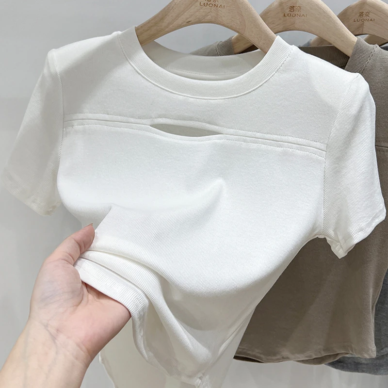 夏季显瘦短款小众短袖不规则镂空设计感纯色上衣圆领T恤百搭女潮