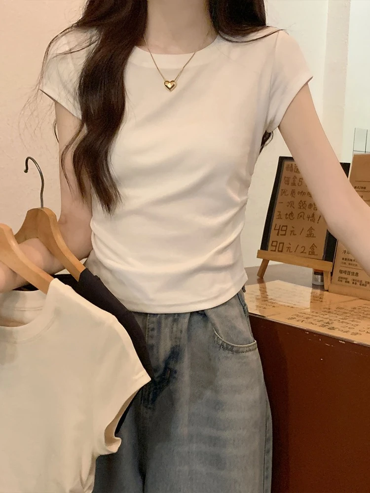 正肩短袖T恤女夏纯色修身褶皱不规则设计感短款上衣