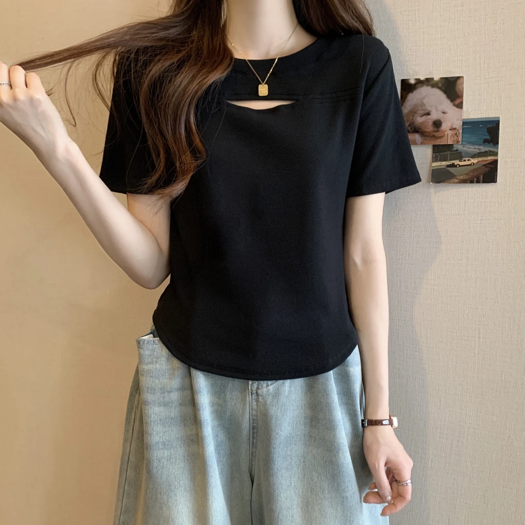 白色镂空正肩短袖t恤女2023夏季新款不规则设计感小众短款上衣ins