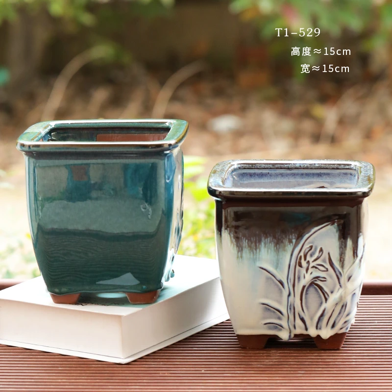 T2-529多肉花盆方口陶瓷紫砂粗陶乌木四方形室内简约老桩悬崖盆