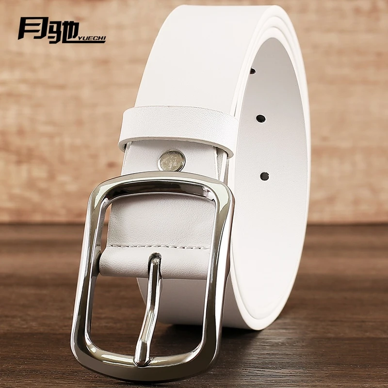 月驰休闲皮带白色男女士真皮针扣腰带牛仔裤带百搭商务年轻人3.8