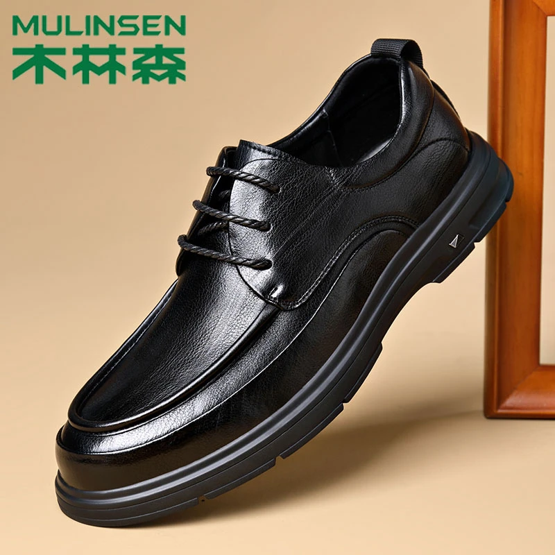 木林森2024秋冬新款真皮软底休闲男鞋商务正装加绒保暖新郎皮鞋男