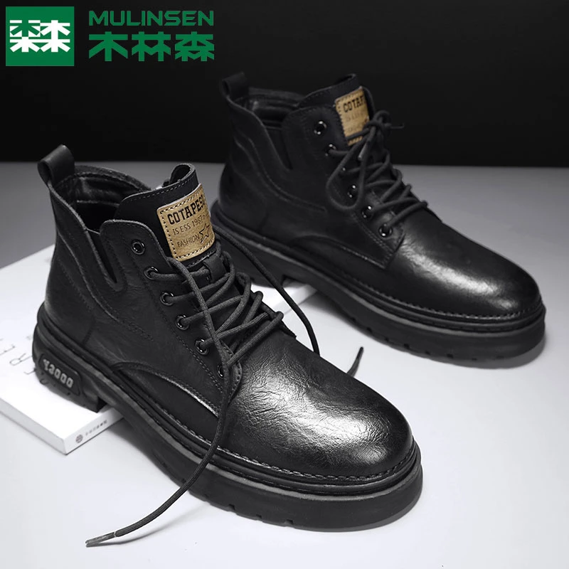 木林森2024秋冬新款男士防滑系带厚底男鞋休闲百搭工装男士靴子潮