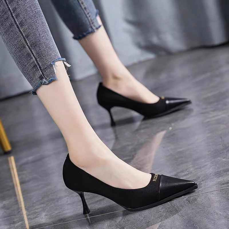 【219】尖头绒面拼接高跟鞋女小香风百搭复古港风细跟单鞋88919