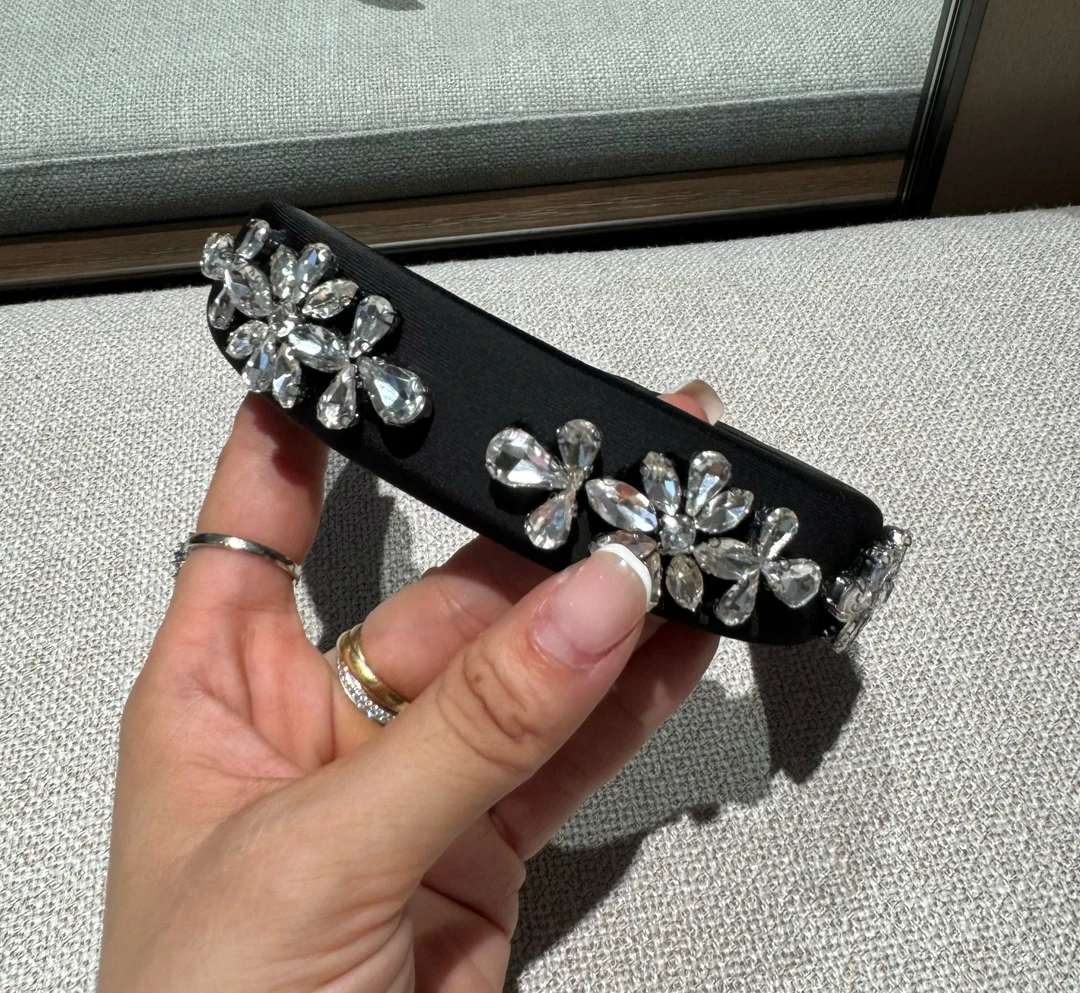 黑色钻花朵精致发夹镶钻重工手工镶嵌百搭气质轻奢复古小众发箍