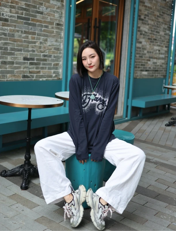 秋冬宽松亮钻字母长袖T恤原创潮设计上衣