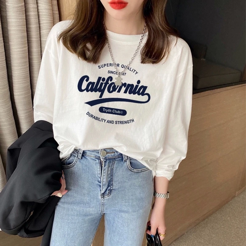 夏季新款休闲上衣男女同款长袖圆领印花打底衫--蓝CAL