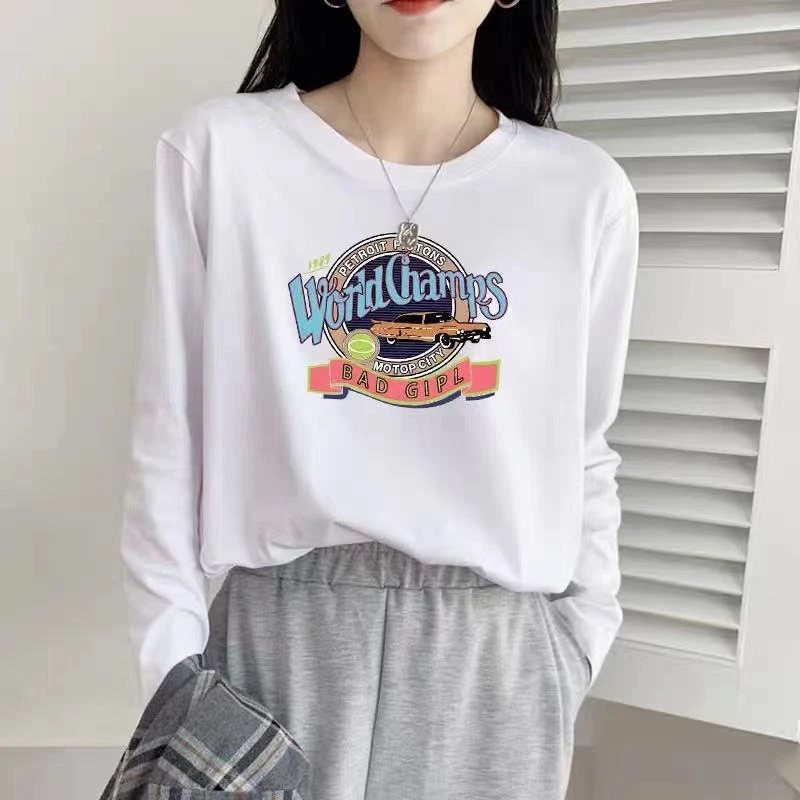 夏季新款休闲上衣男女同款长袖圆领印花打底衫-汽车