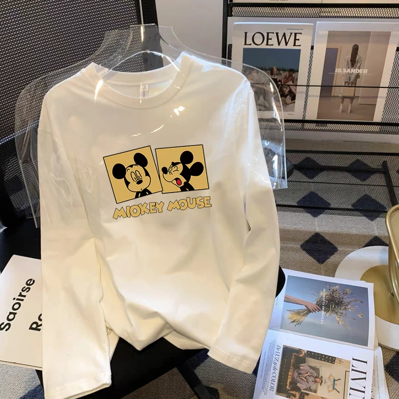 夏季新款休闲上衣男女同款长袖圆领印花设计感打底衫-黄米奇