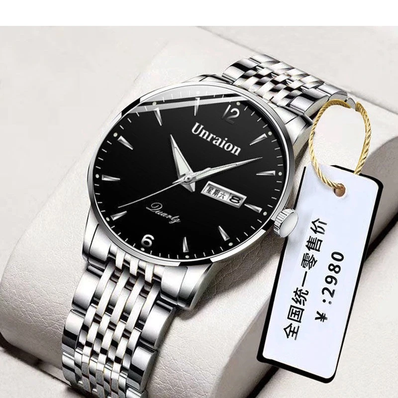 1商务男表防水多功能双日历夜光钢带时尚男士手表简约镶钻男款 潮