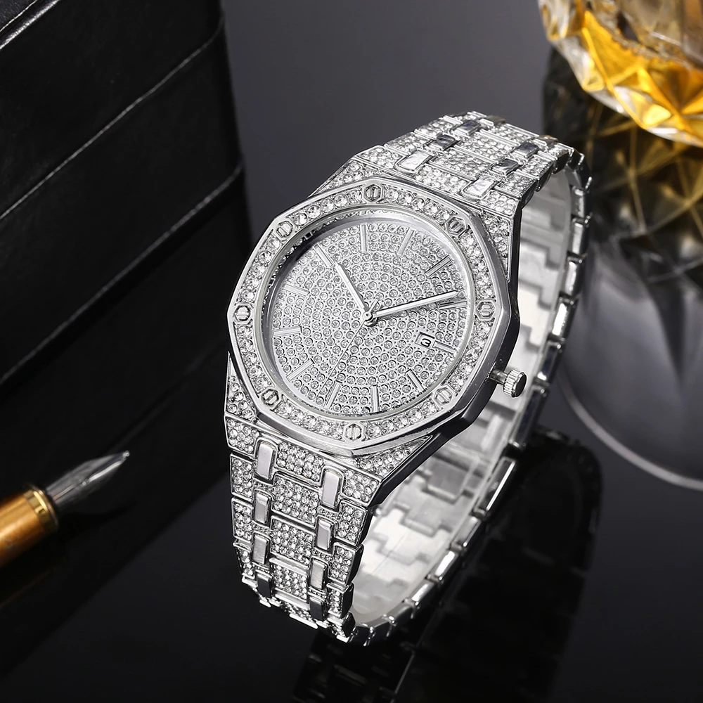 网红镶钻八边形男士手表 合金钢带高档轻奢气质大气百搭简约个性