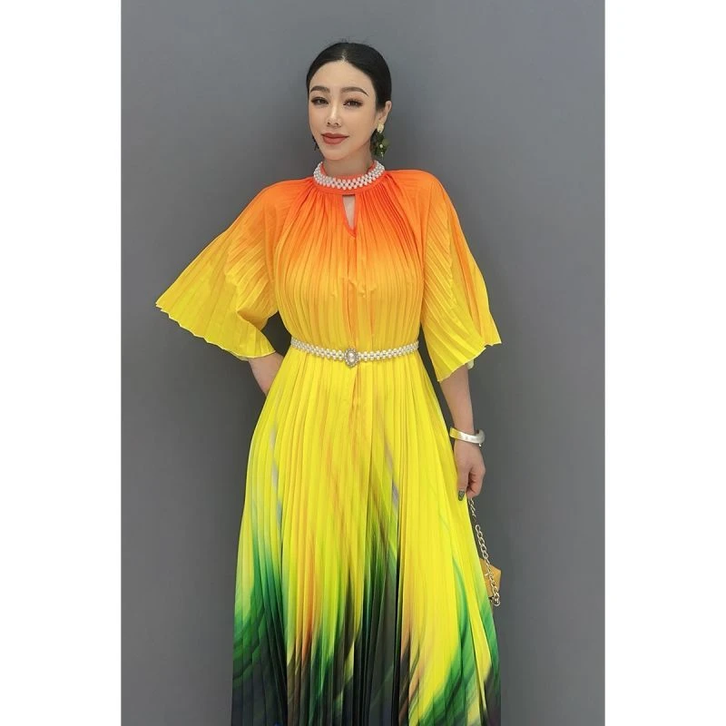 2025夏季款时尚连衣裙橙黄拼色长款衬衫百褶宽松休闲女装长裙