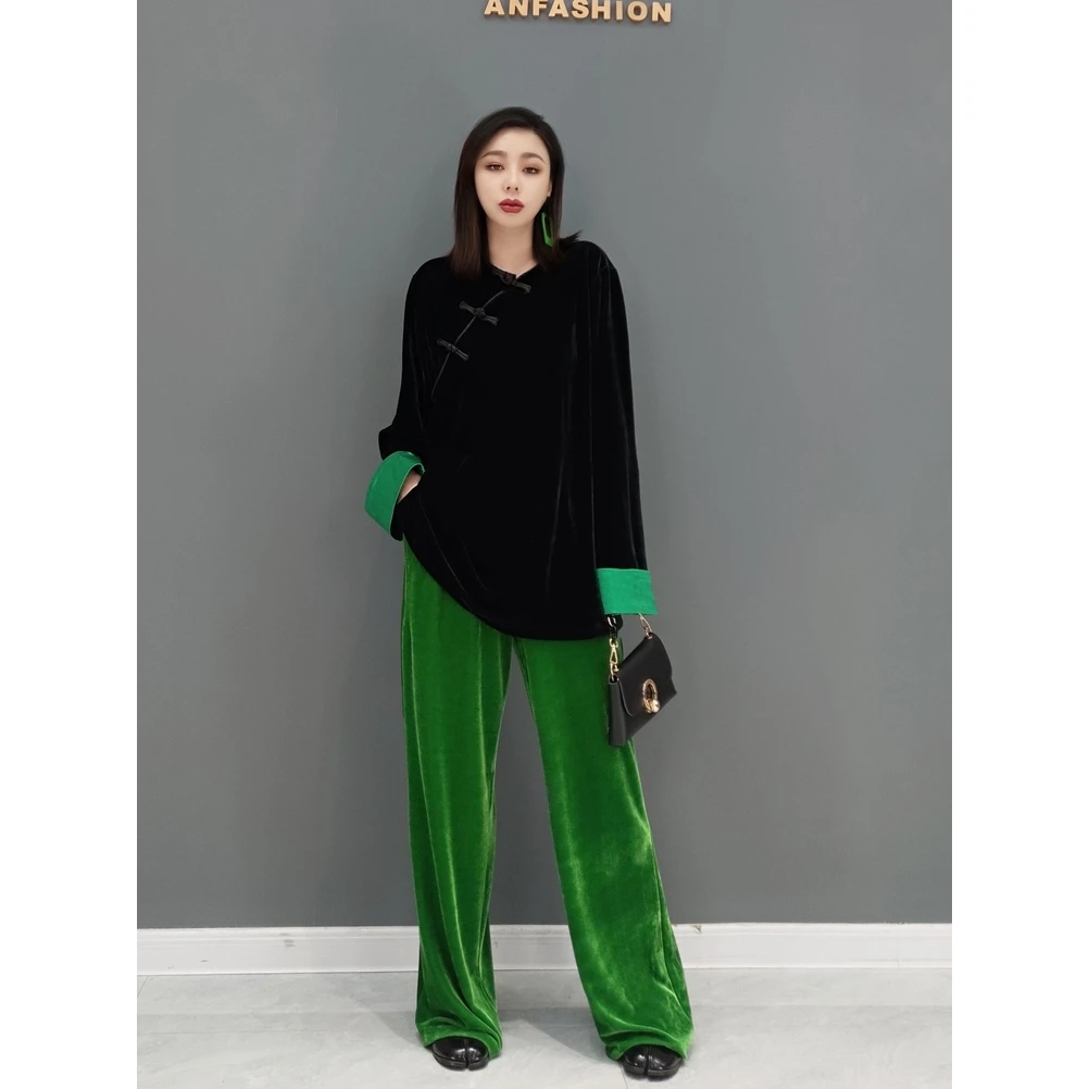 2024 春季新款时尚套装金丝绒休闲上衣阔腿裤两件女显瘦气质中式