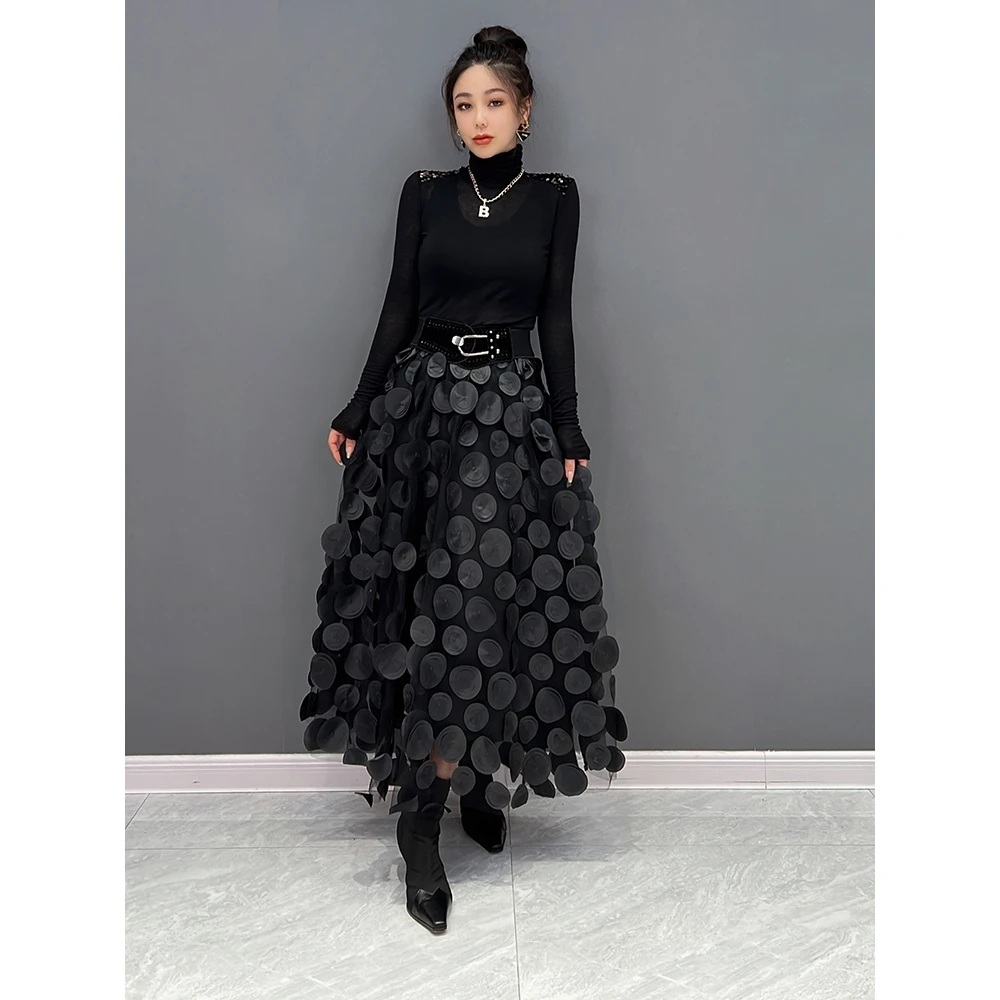 2024 春季款韩版时尚潮流拼接网纱单件半身裙女装高腰裙气质修身