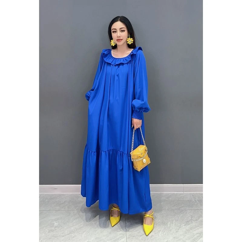 2025夏季款连衣裙纯色长袖荷叶边领休闲宽松大码长裙优雅淑女裙
