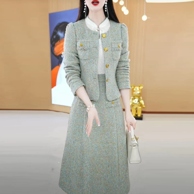 亮丝精纺小香风套装裙2024春秋季新款长袖气质时尚两件套连衣裙子