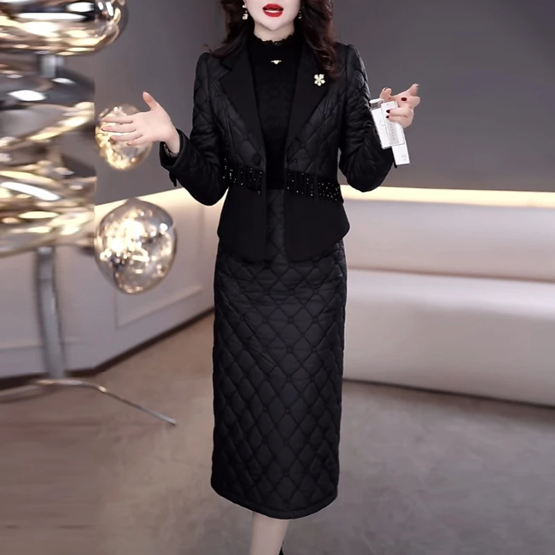 加棉加厚保暖套装裙冬季新款时尚气质黑色修身显瘦两件套连衣裙子