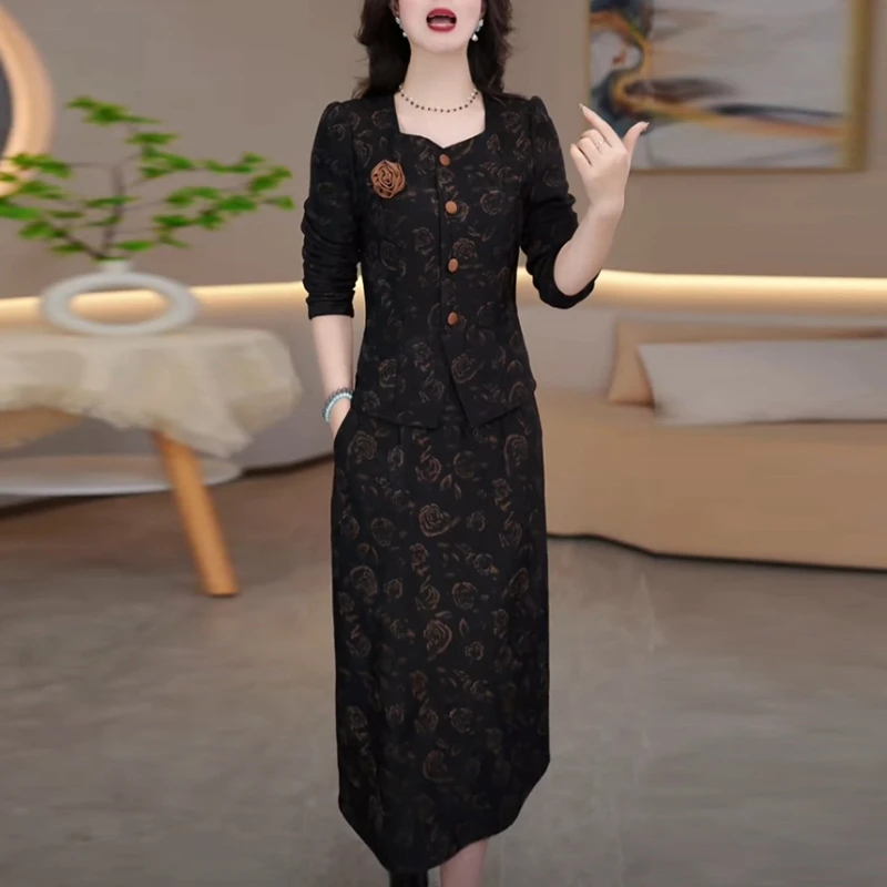 色织精纺气质高级感女装2024冬季新款加绒加厚打底假两件连衣裙子