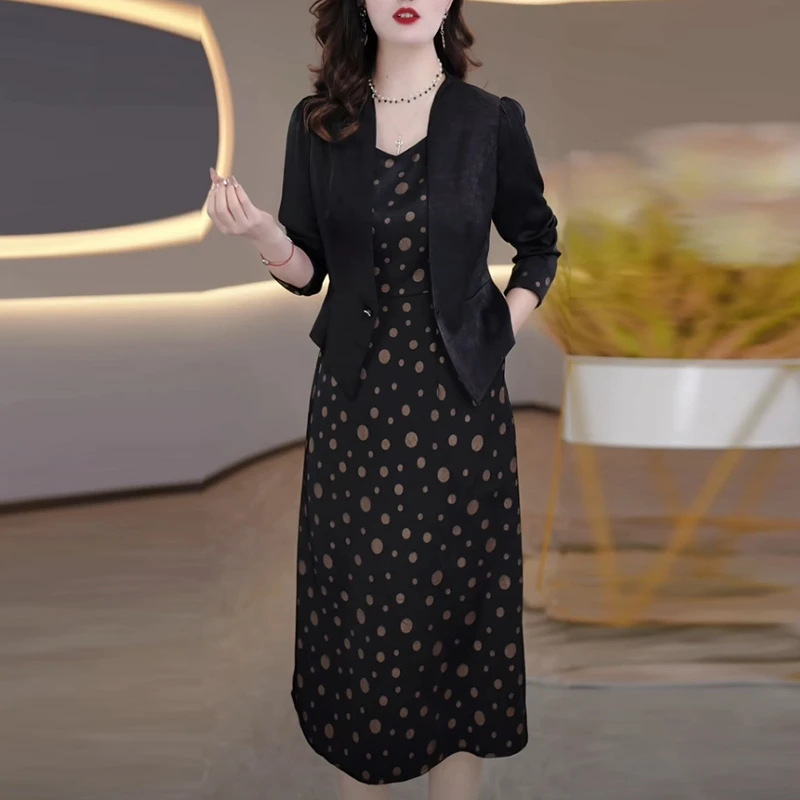 省心穿搭提花缎洋气女装套装裙2025春秋季长袖黑色两件套连衣裙子