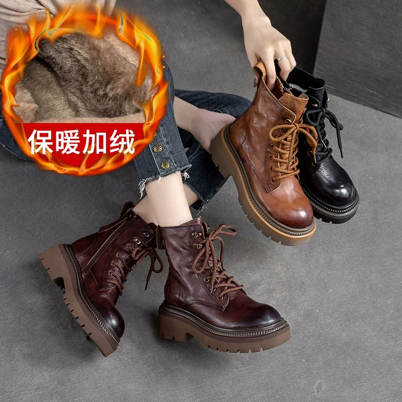 2025春季新款保暖加绒马丁靴手抓纹牛皮侧拉链圆头厚底时尚女鞋